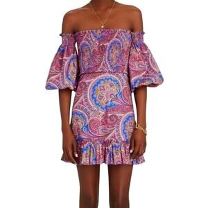 Alexis Alona Off the Shoulder Paisley Mini Dress Smocked Puff Sleeve Purple